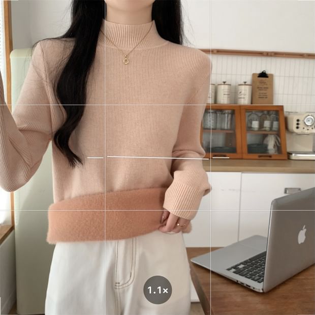 Fleece-Lined Mock Neck Long Sleeve Knit Top