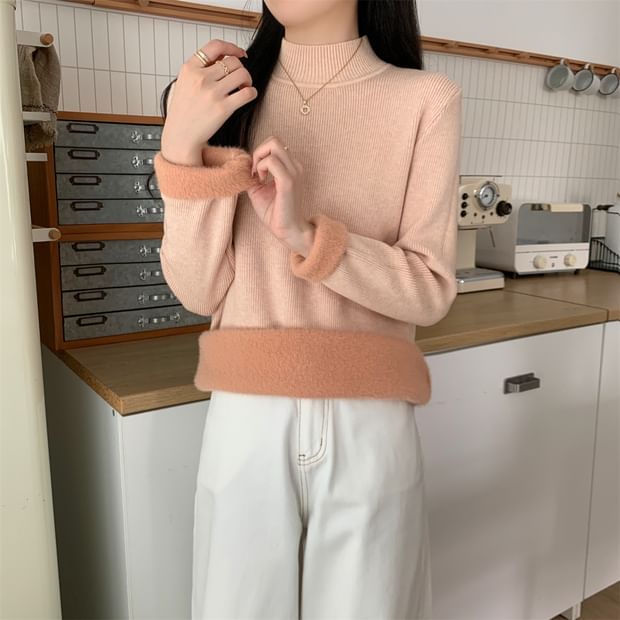 Fleece-Lined Mock Neck Long Sleeve Knit Top