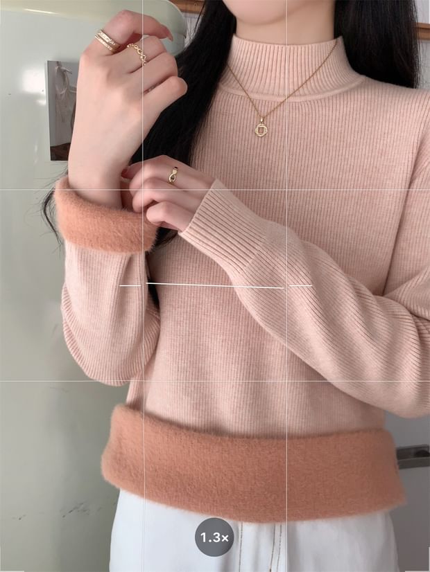 Fleece-Lined Mock Neck Long Sleeve Knit Top