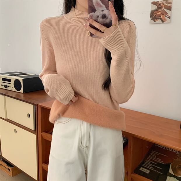 Fleece-Lined Mock Neck Long Sleeve Knit Top
