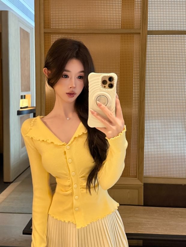 Ribbed Knit Long Sleeve Button Collar Top
