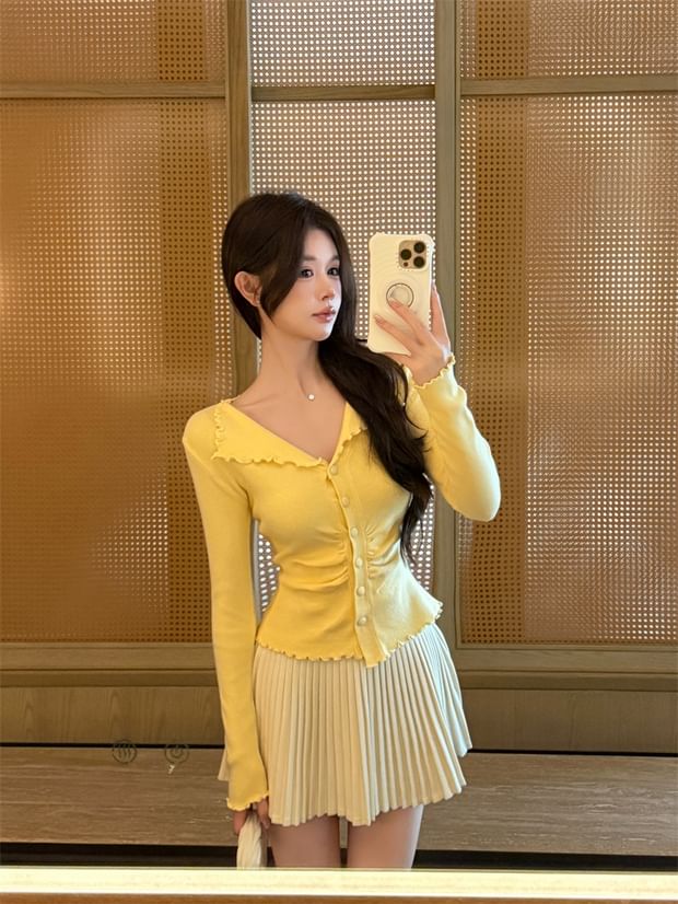 Ribbed Knit Long Sleeve Button Collar Top