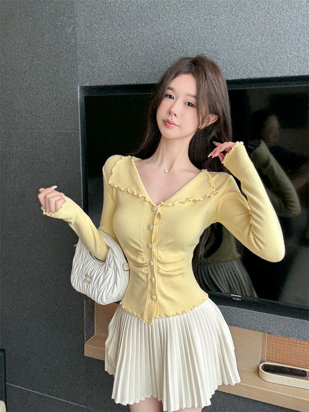 Ribbed Knit Long Sleeve Button Collar Top