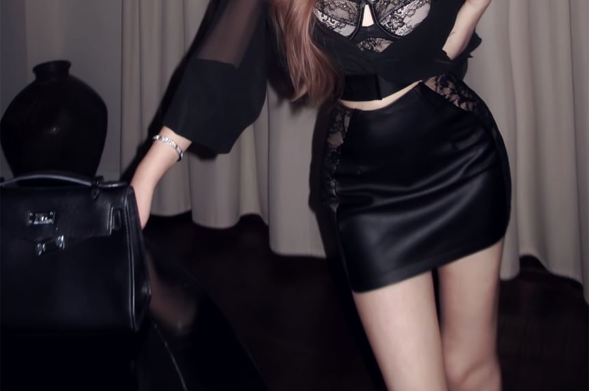 Long-Sleeve Crop Top, Lace Bra, & Faux Leather Mini Skirt Set