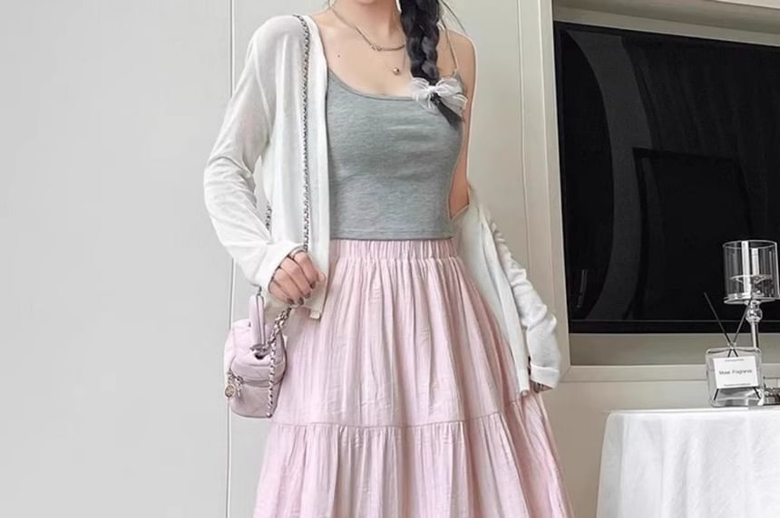 Plain Midi A-Line Skirt, High Waist