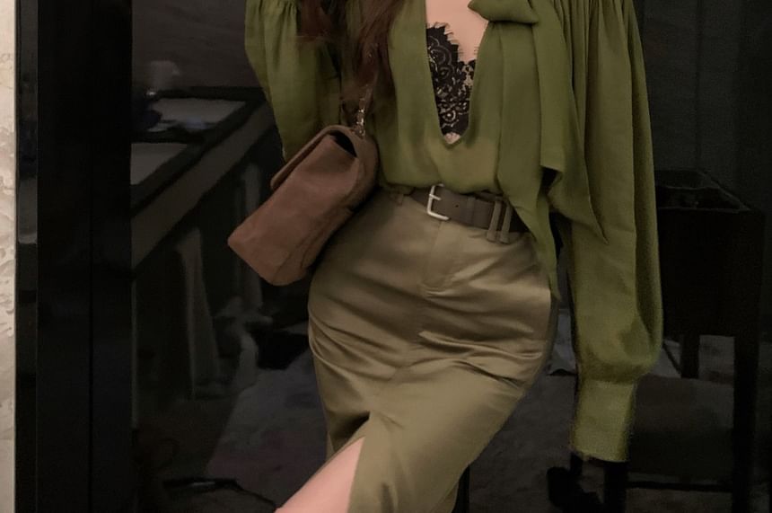 Puff-Sleeve Blouse & Satin Pencil Skirt with Belt Set