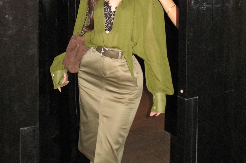 Puff-Sleeve Blouse & Satin Pencil Skirt with Belt Set
