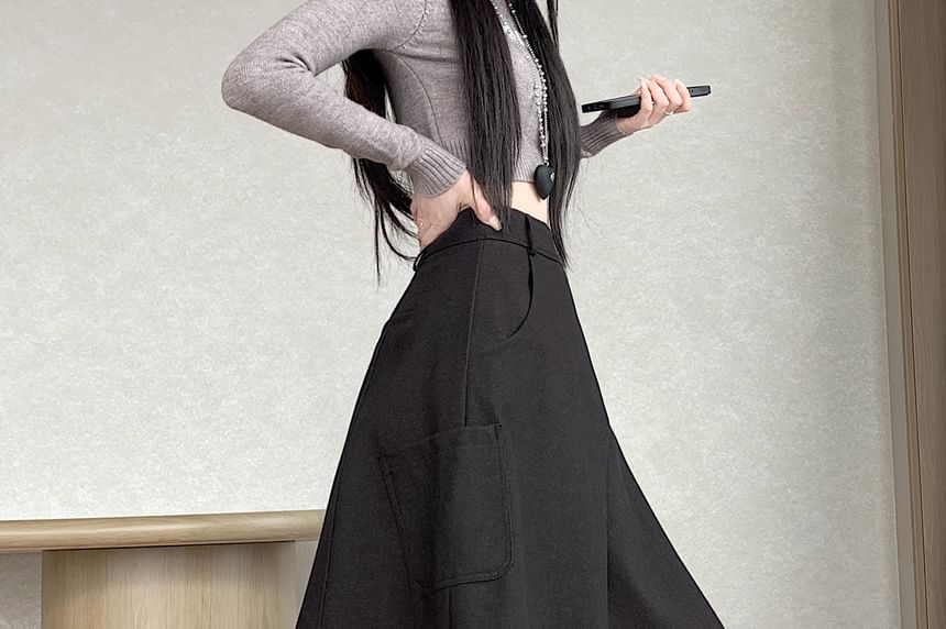 High-Rise Asymmetrical A-Line Midi Skirt