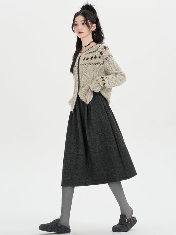 Melange Panel Fleece-Lined Midi A-Line Skirt