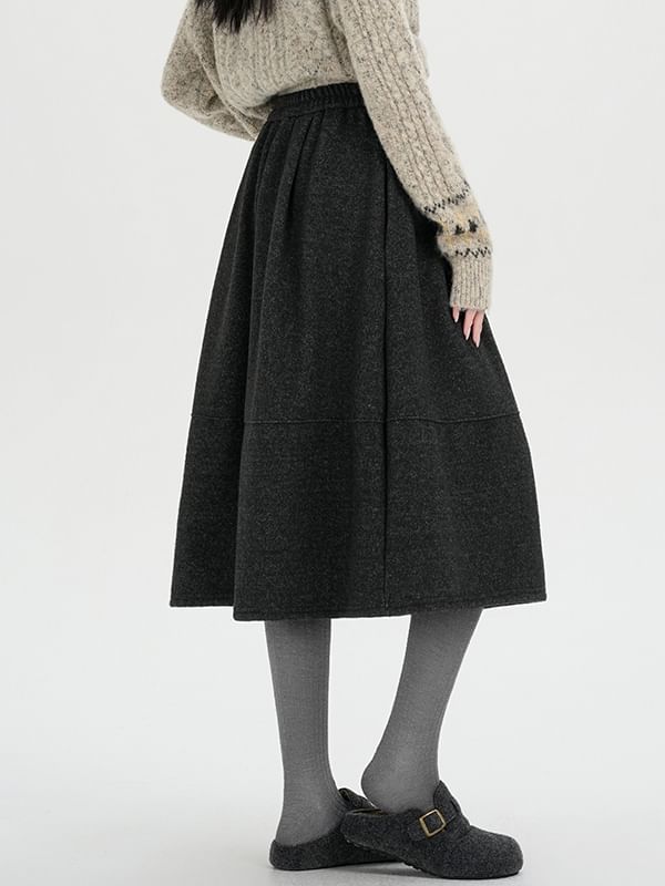 Melange Panel Fleece-Lined Midi A-Line Skirt