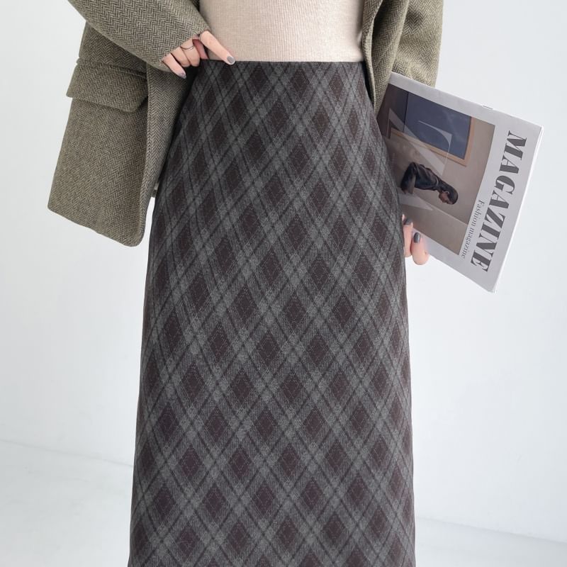 Plaid Slit Midi Straight Skirt, High Waist