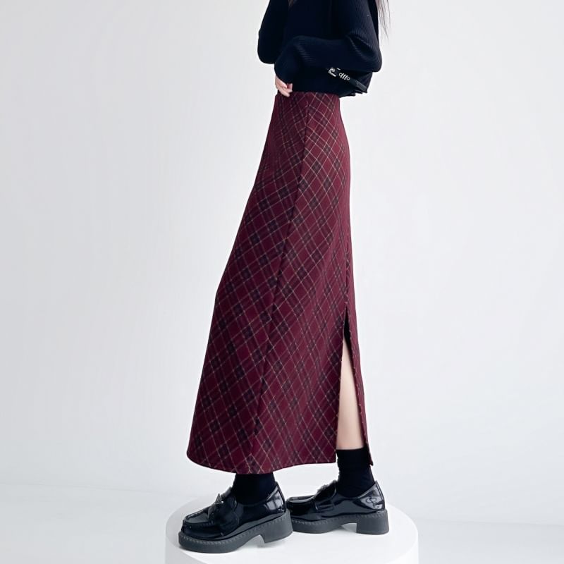 Plaid Slit Midi Straight Skirt, High Waist