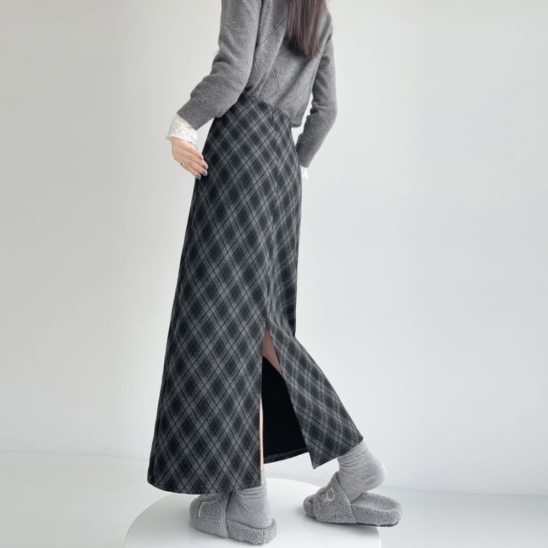 Plaid Slit Midi Straight Skirt, High Waist