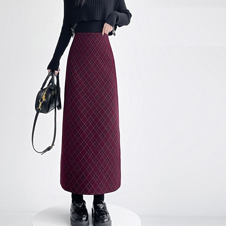 Plaid Slit Midi Straight Skirt, High Waist