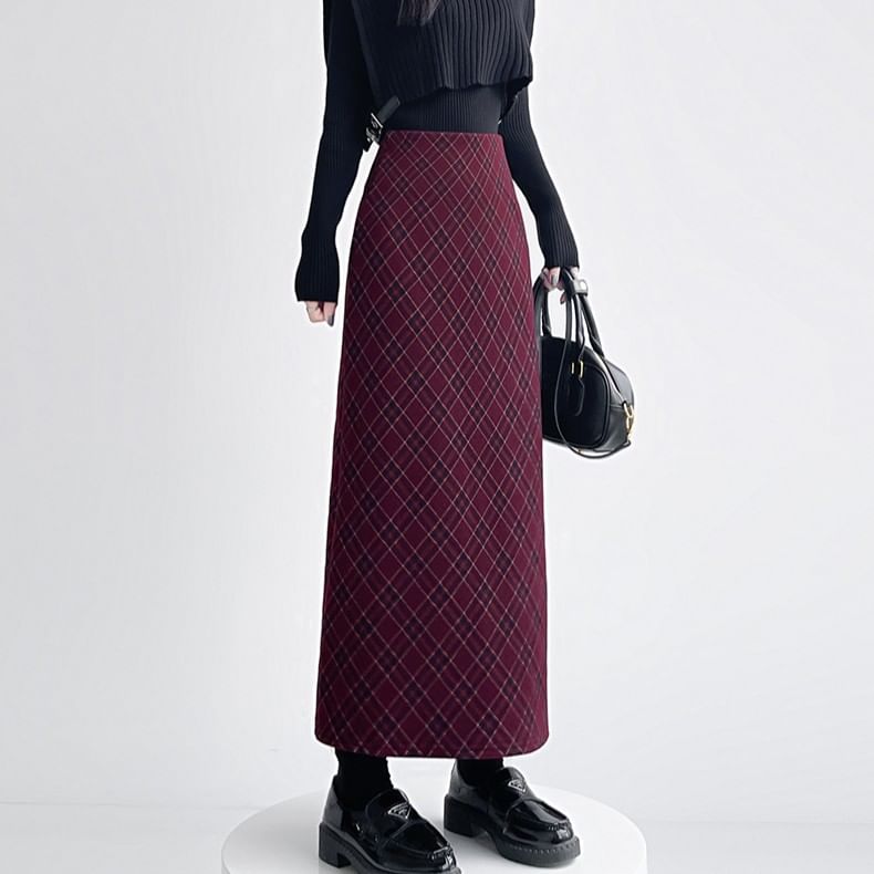 Plaid Slit Midi Straight Skirt, High Waist