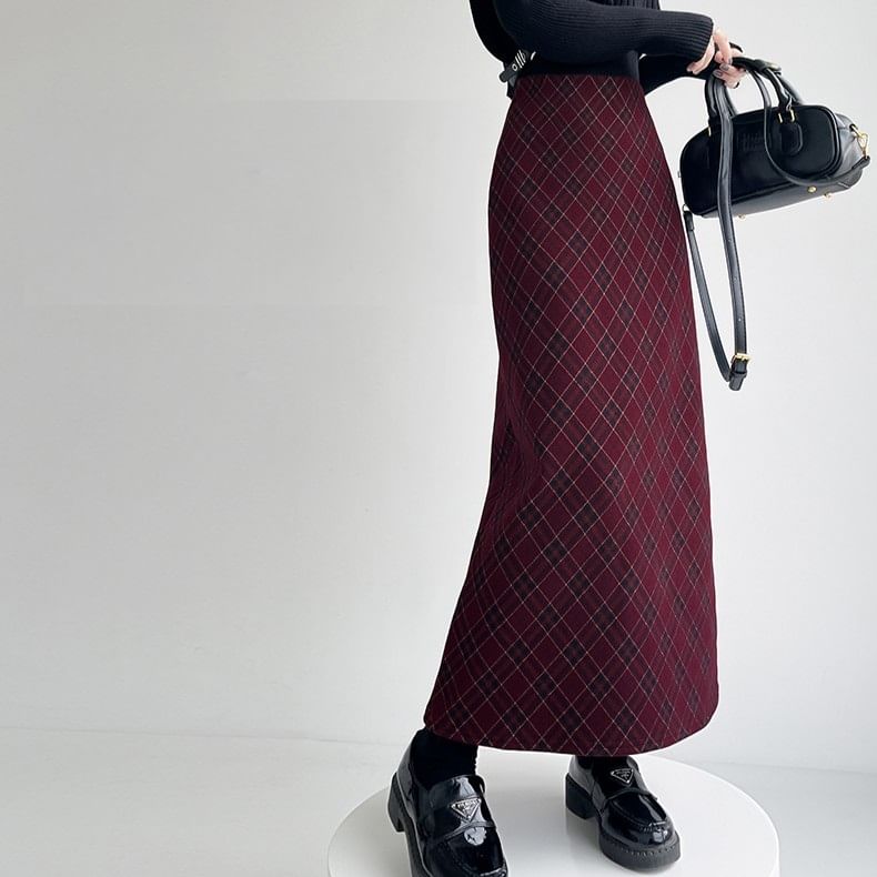 Plaid Slit Midi Straight Skirt, High Waist