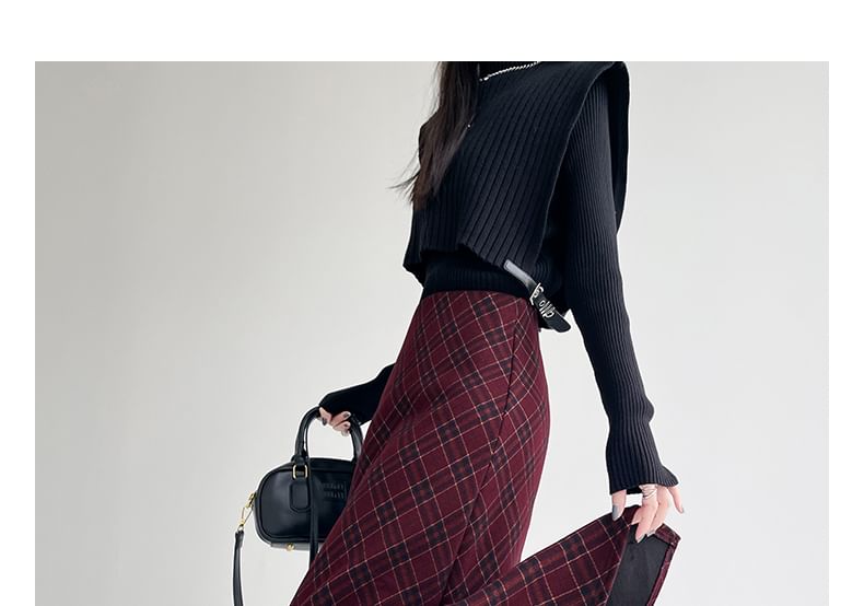 Plaid Slit Midi Straight Skirt, High Waist