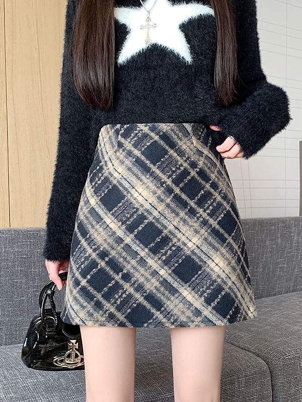 High-Rise Plaid Mini A-Line Skirt