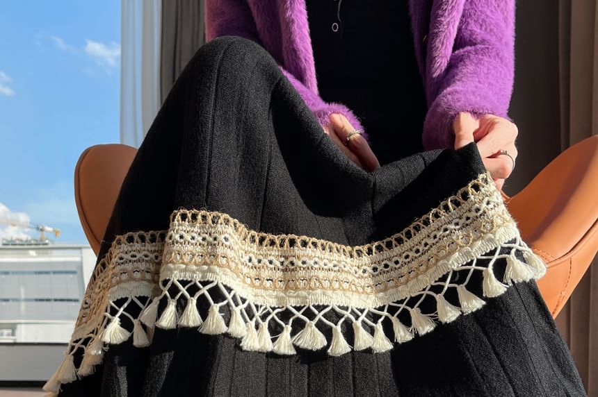 High-Rise Two-Tone Tassel Knit A-Line Midi Skirt