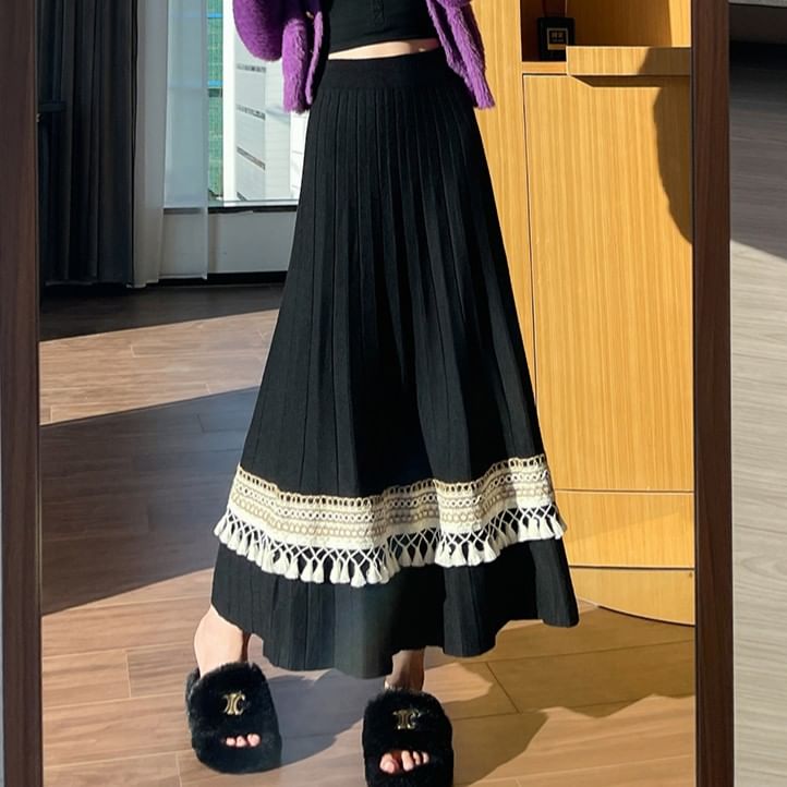 High-Rise Two-Tone Tassel Knit A-Line Midi Skirt