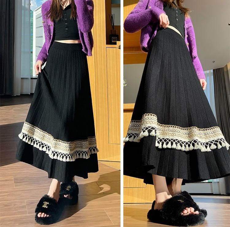 High-Rise Two-Tone Tassel Knit A-Line Midi Skirt