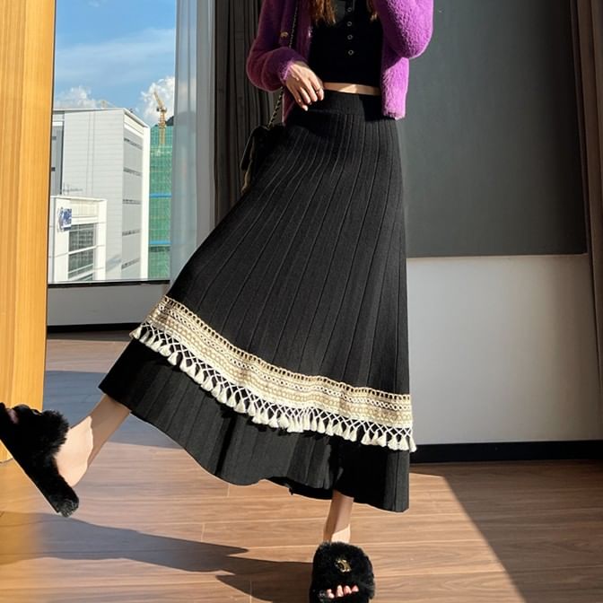 High-Rise Two-Tone Tassel Knit A-Line Midi Skirt