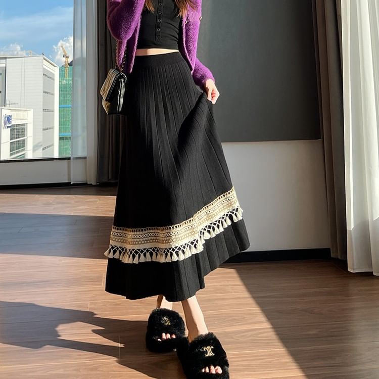 High-Rise Two-Tone Tassel Knit A-Line Midi Skirt