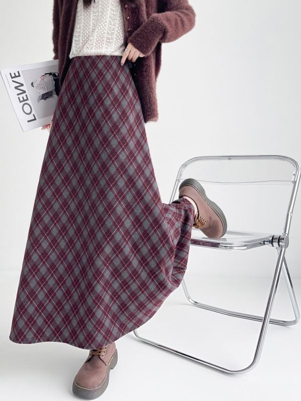 High-Rise Plaid A-Line Midi Skirt