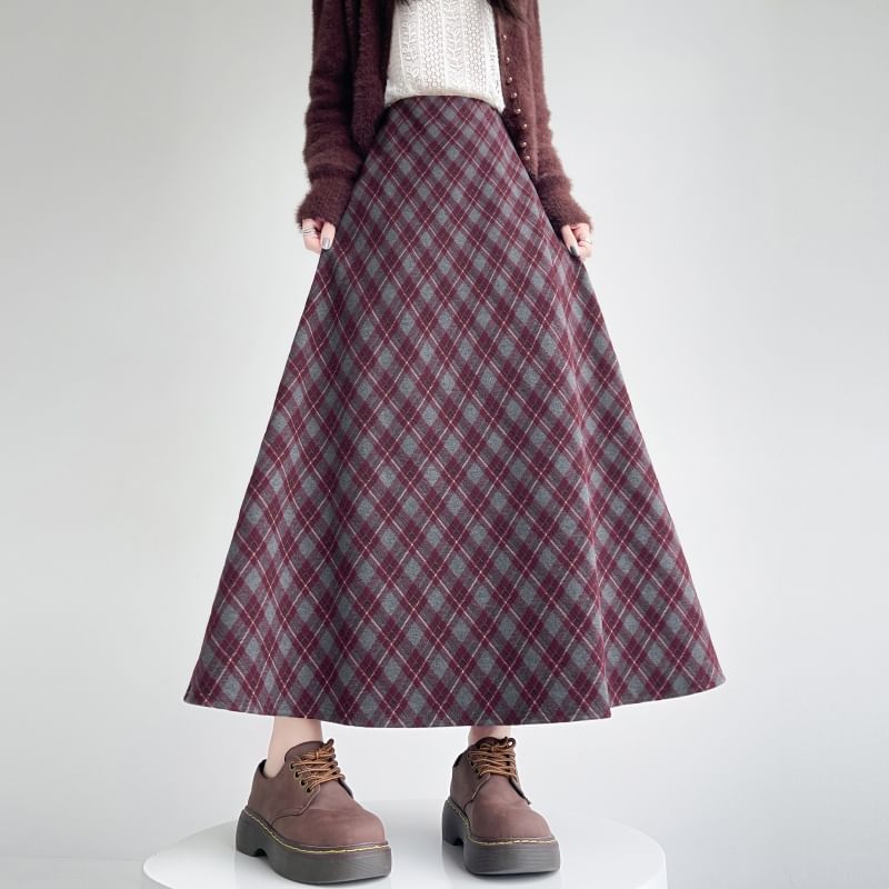 High-Rise Plaid A-Line Midi Skirt