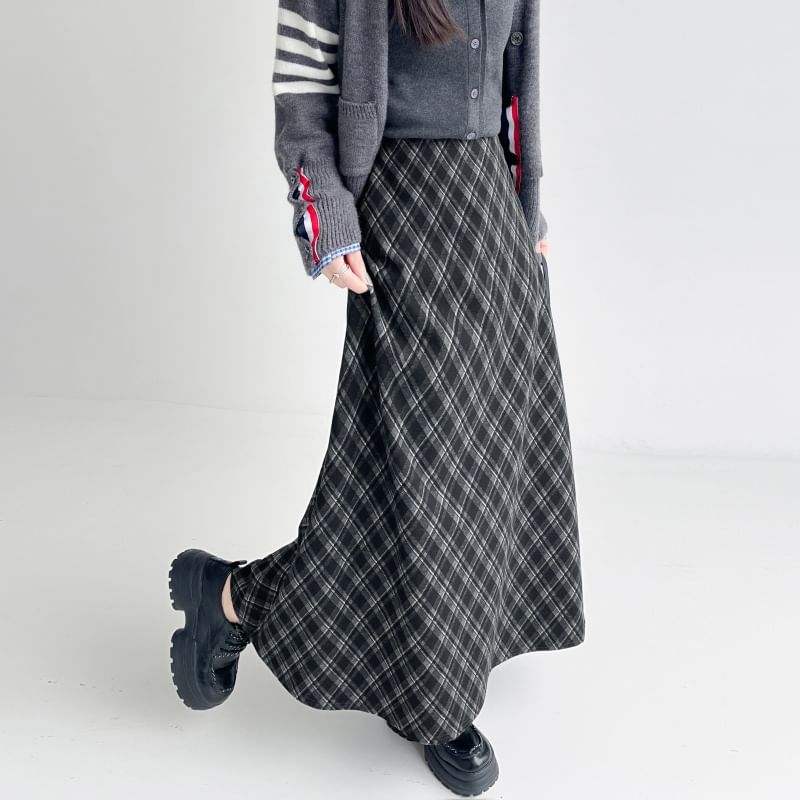 High-Rise Plaid A-Line Midi Skirt