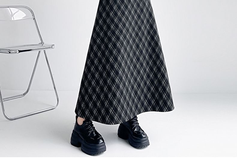 High-Rise Plaid A-Line Midi Skirt