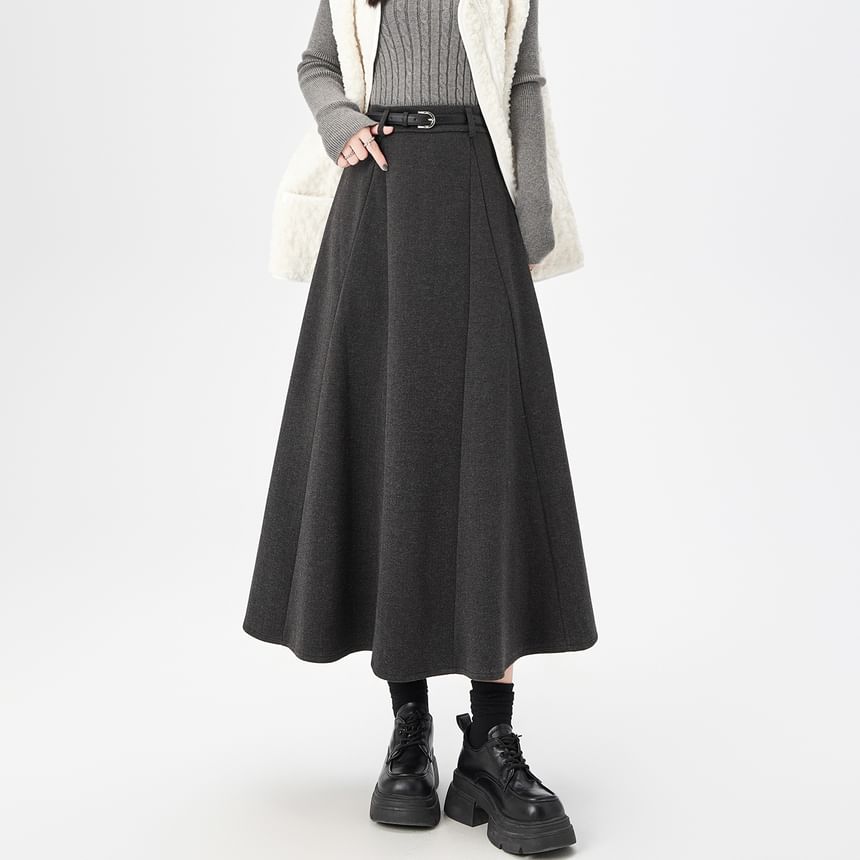 High-Rise Paneled A-Line Midi Skirt
