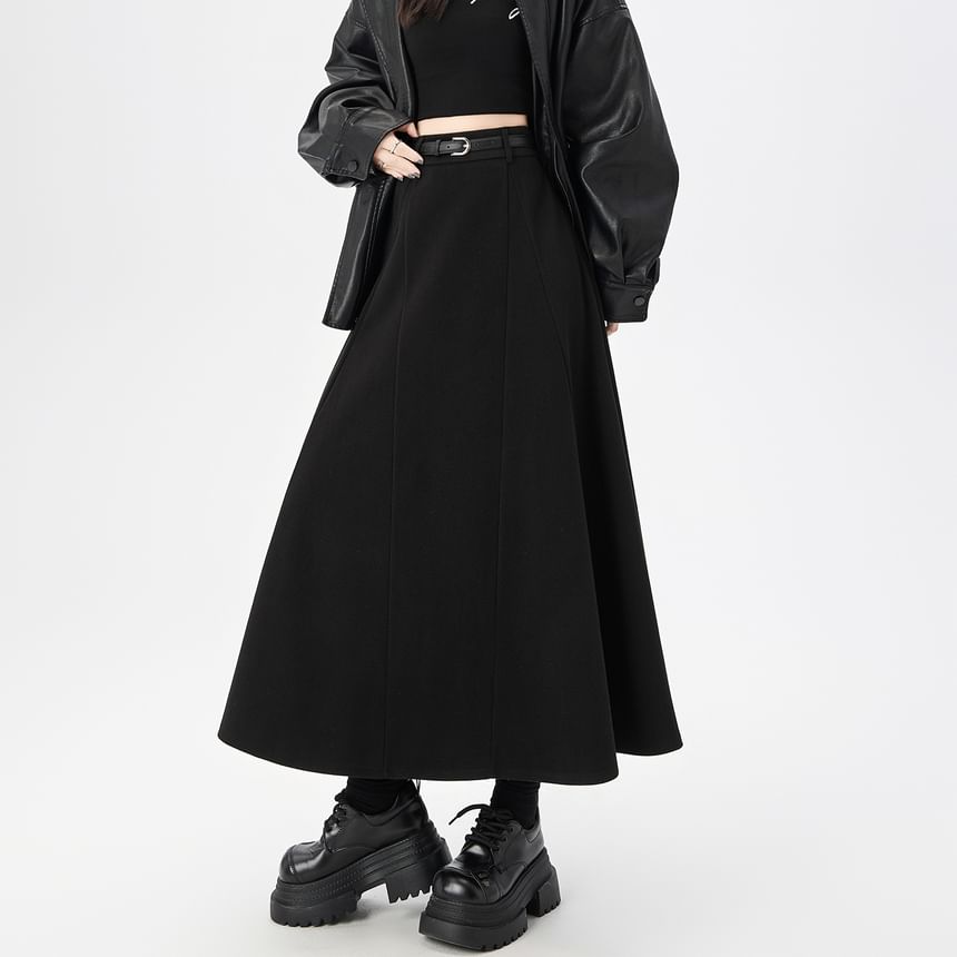 High-Rise Paneled A-Line Midi Skirt