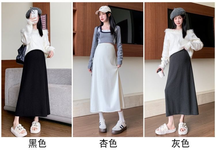 Maternity Fringed High-Waist Knit A-Line Midi Skirt
