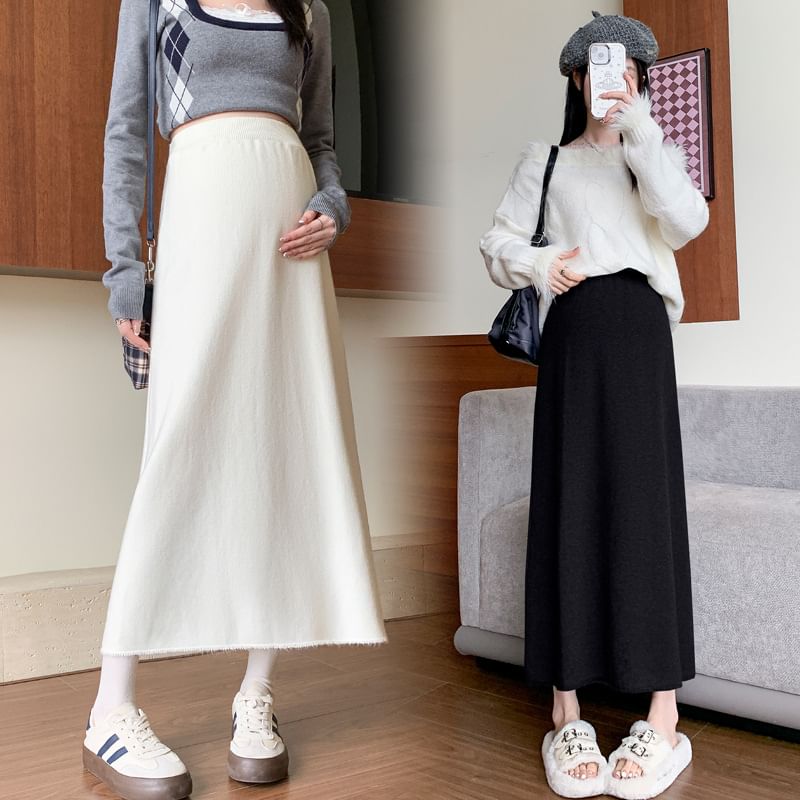 Maternity Fringed High-Waist Knit A-Line Midi Skirt