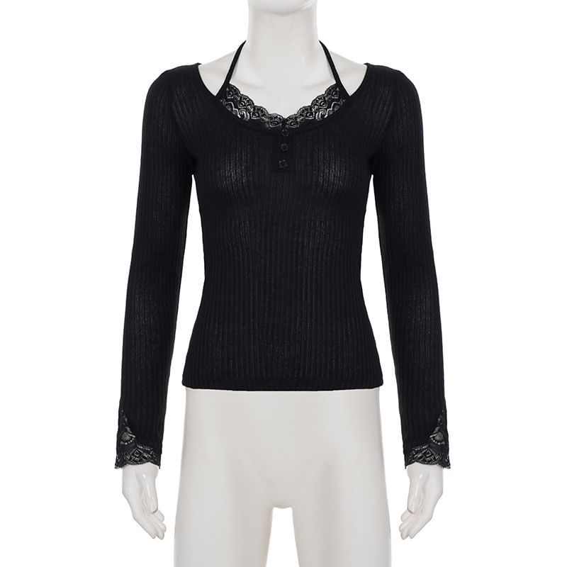 Halter Neck Lace Panel Mock Two-Piece Tee