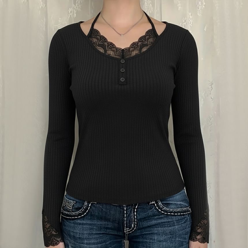 Halter Neck Lace Panel Mock Two-Piece Tee
