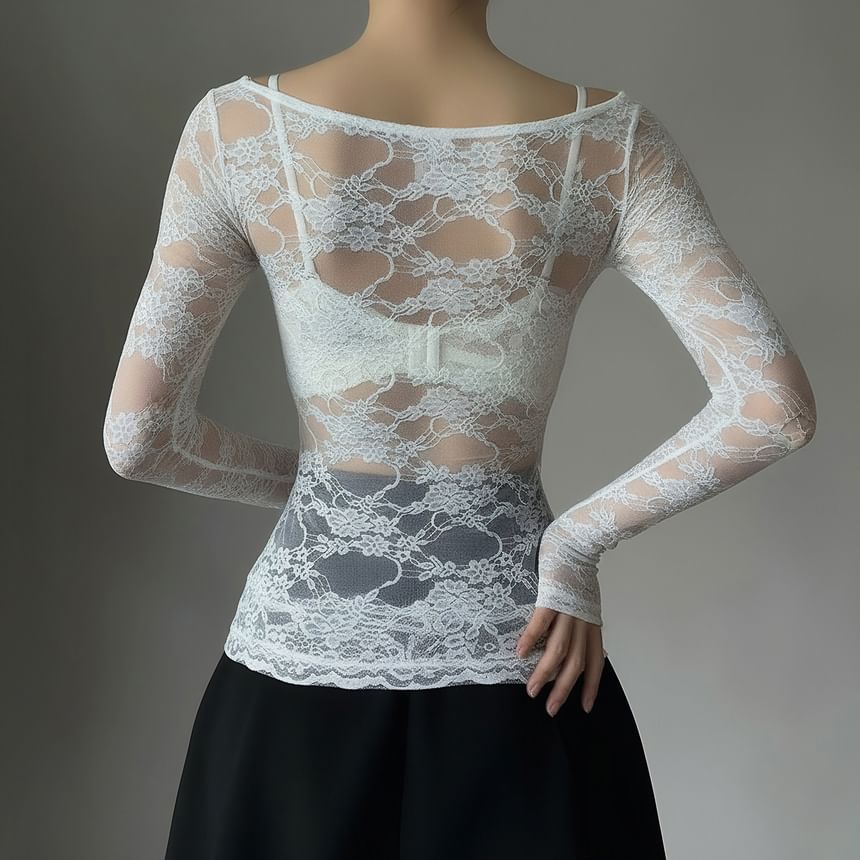Lace Trim Boat Neck Long Sleeve Top