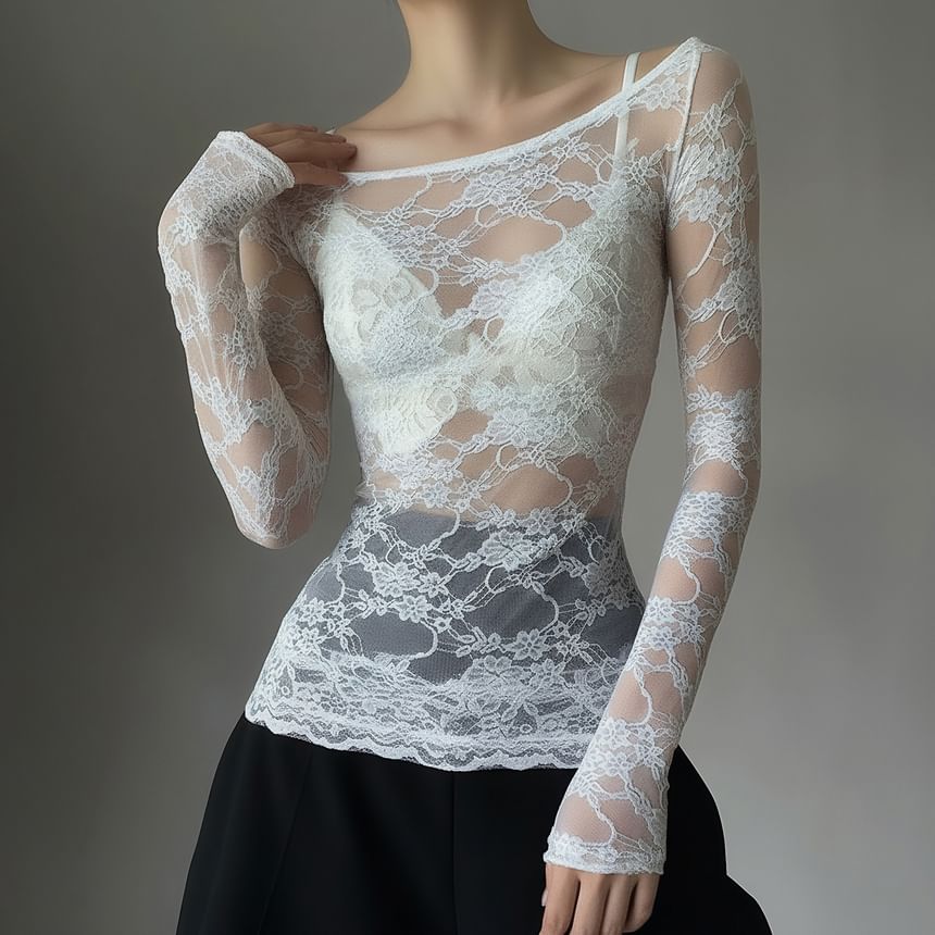 Lace Trim Boat Neck Long Sleeve Top