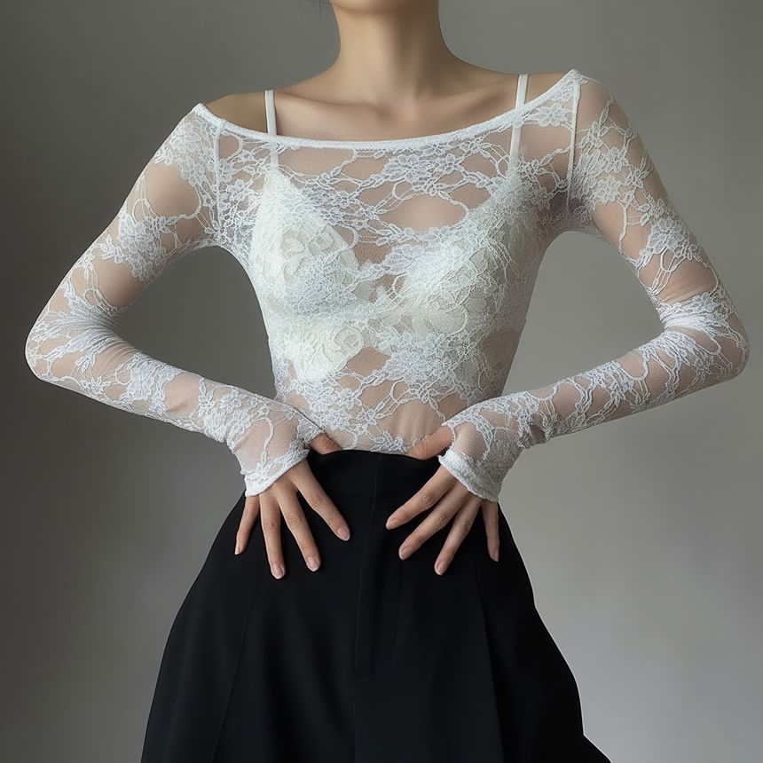 Lace Trim Boat Neck Long Sleeve Top