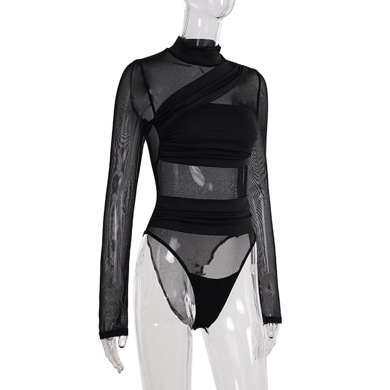 Ruched Mesh Bodysuit Turtleneck Top