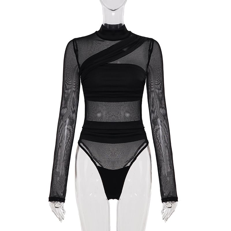 Ruched Mesh Bodysuit Turtleneck Top