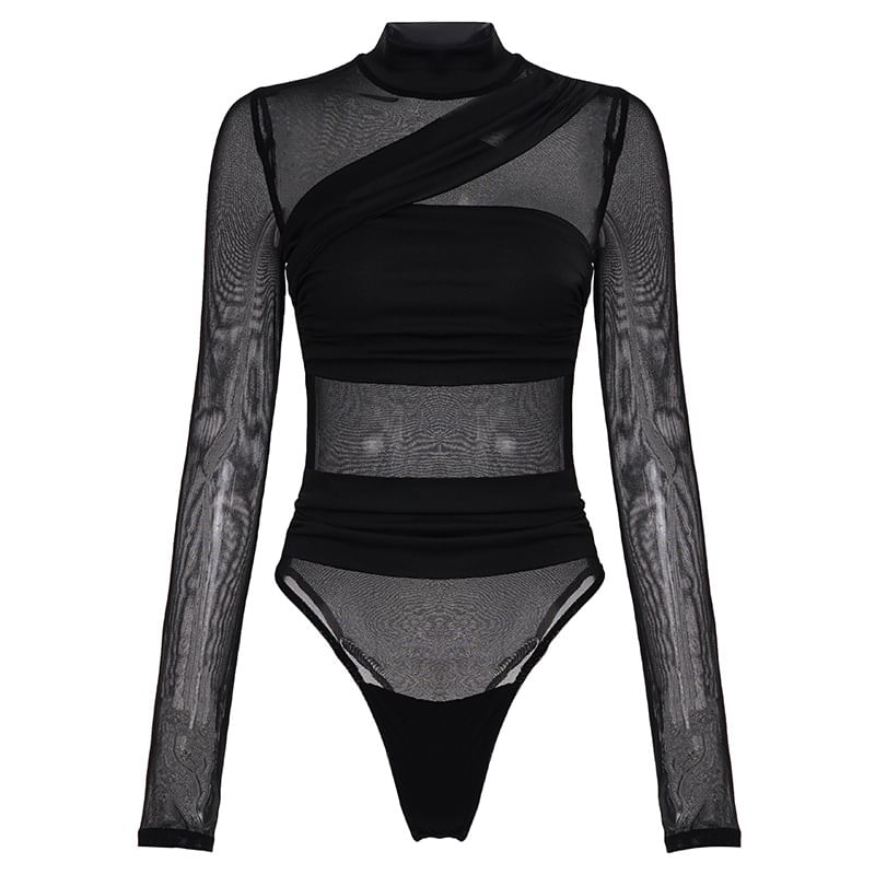 Ruched Mesh Bodysuit Turtleneck Top