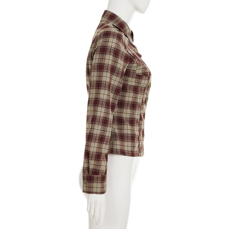 Plaid Collared Slim Crop Button Blouse