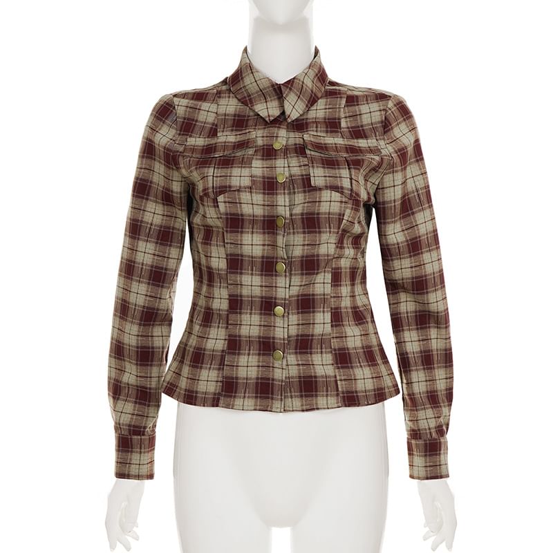 Plaid Collared Slim Crop Button Blouse
