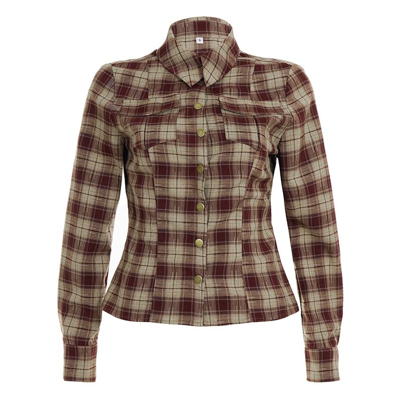 Plaid Collared Slim Crop Button Blouse