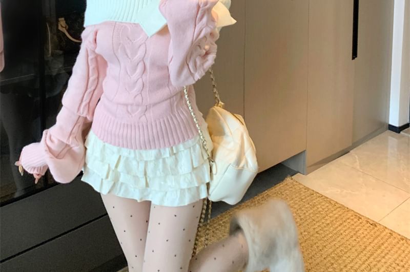 Color-Block Cable Knit Slim Sweater