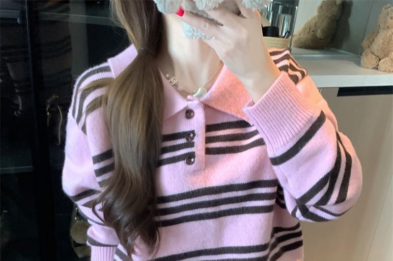 Striped Collar Loose Fit Long Sleeve Sweater