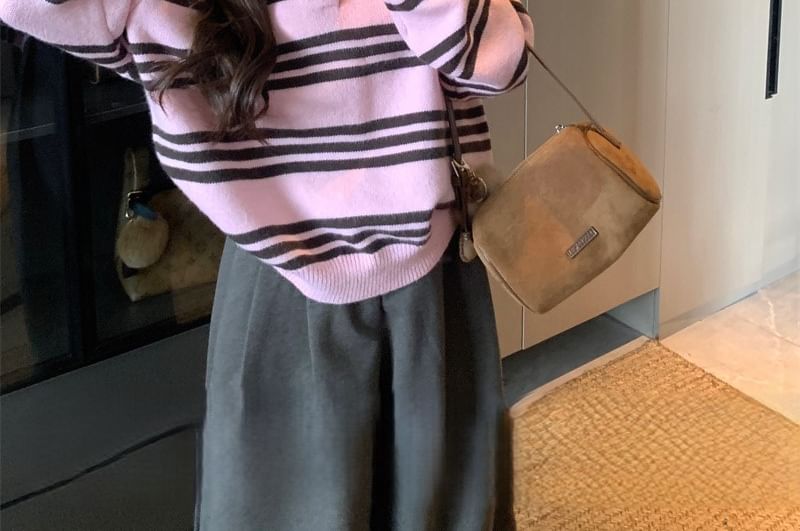 Striped Collar Loose Fit Long Sleeve Sweater