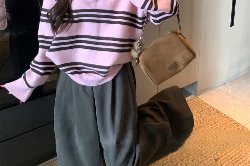 Striped Collar Loose Fit Long Sleeve Sweater
